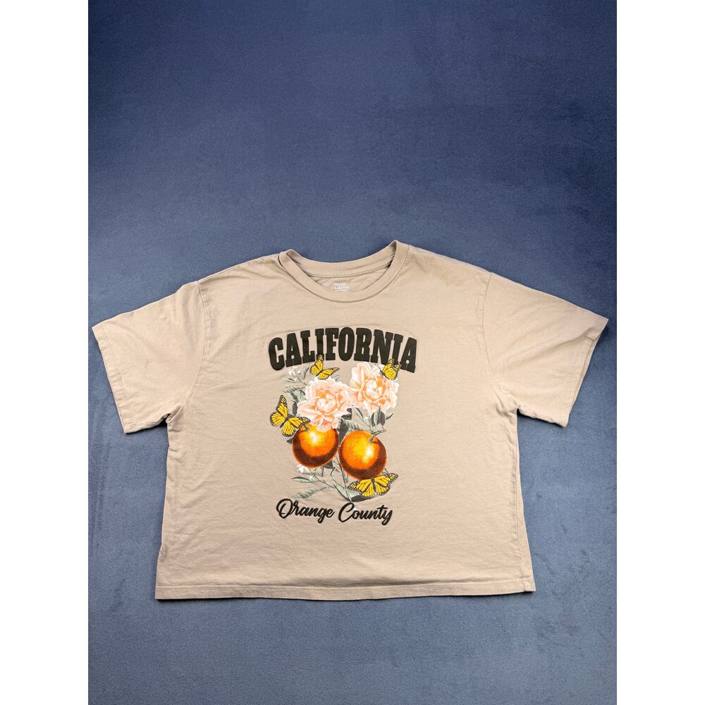 Organic Collective, CA Orange County Crop Graphic T, Women's XL, Tan w/ flowers